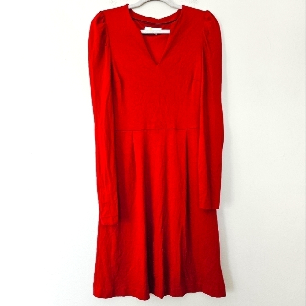 Boden for Anthropology Christmas red puff sleeve v neck midi dress size 8L
